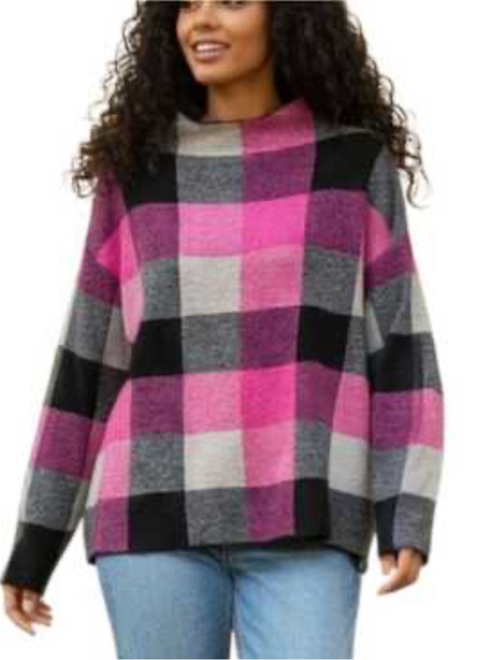 Tahari Mock Neck Vibrant Plaid Sweater